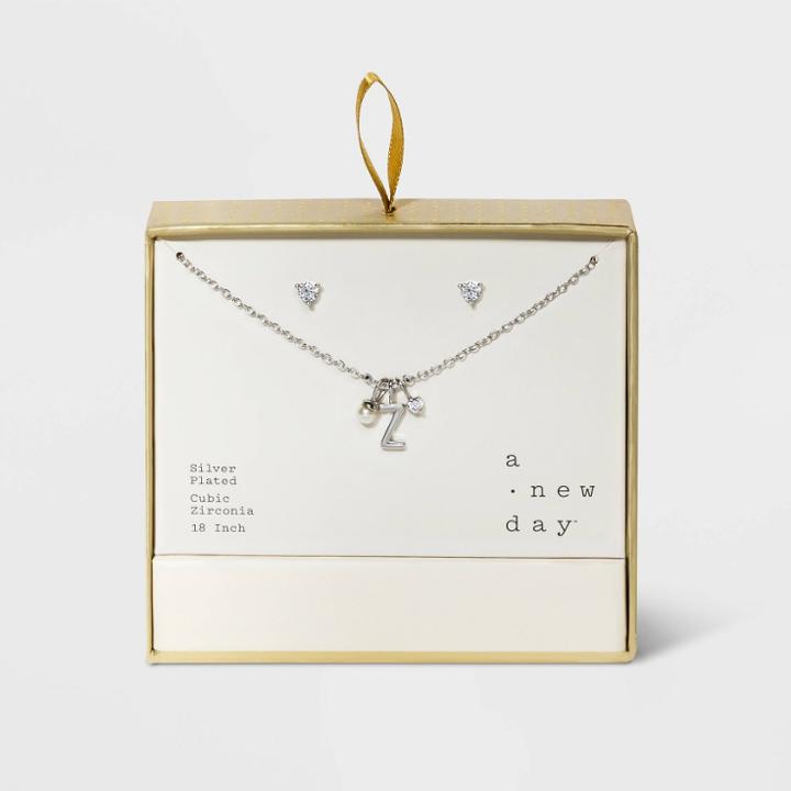 Silver Plated With Cubic Zirconia And Pearl Initial 'z' Charm Cluster Necklace And Earring Set - A New Day