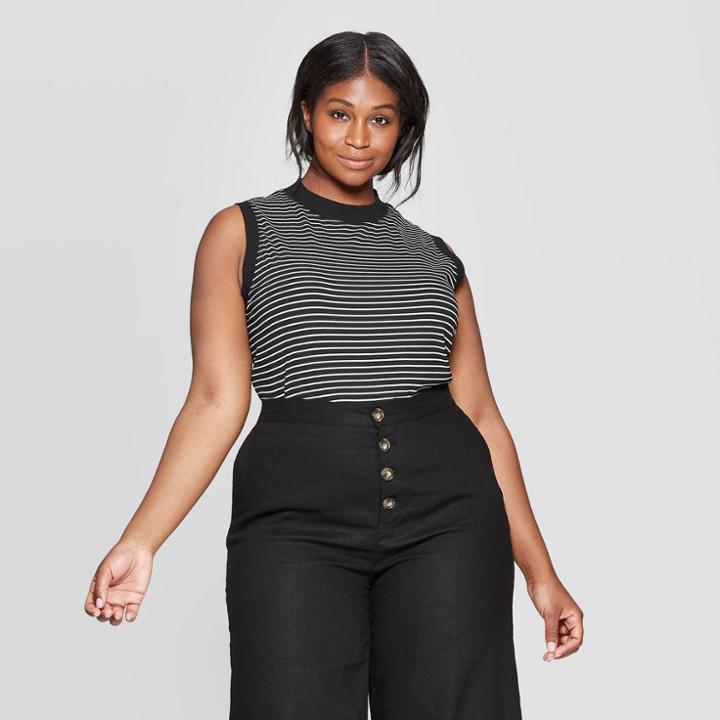 Women's Plus Size Sleeveless High Neck Ribbed Muscle T-shirt - Who What Wear Black/white