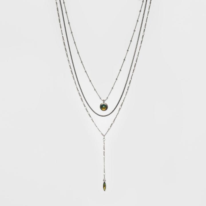 Mood Cab And Marquise Stone On Layered Chain Necklace - Wild Fable,