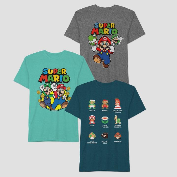 Boys' Nintendo Super Mario 3pk Short Sleeve T-shirt - Turquoise/green/gray