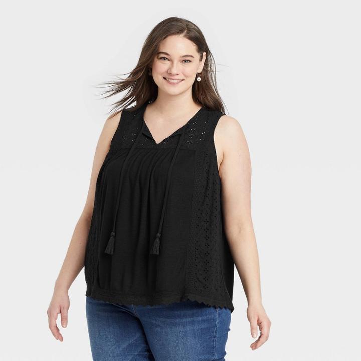 Women's Plus Size Eyelet Lace Rib Knit Tank Top - Knox Rose Black