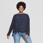 Women's Plus Size Striped Long Sleeve Tie Front Woven Top - Ava & Viv Blue