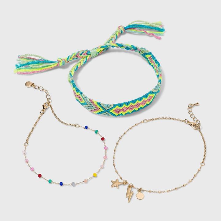 Beads And Lightning Bolt Charms Multi Anklet Set 3pc - Wild Fable , Red