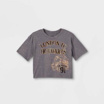 Girls' Harry Potter London To Hogwarts Cropped Short Sleeve Graphic T-shirt - Gray