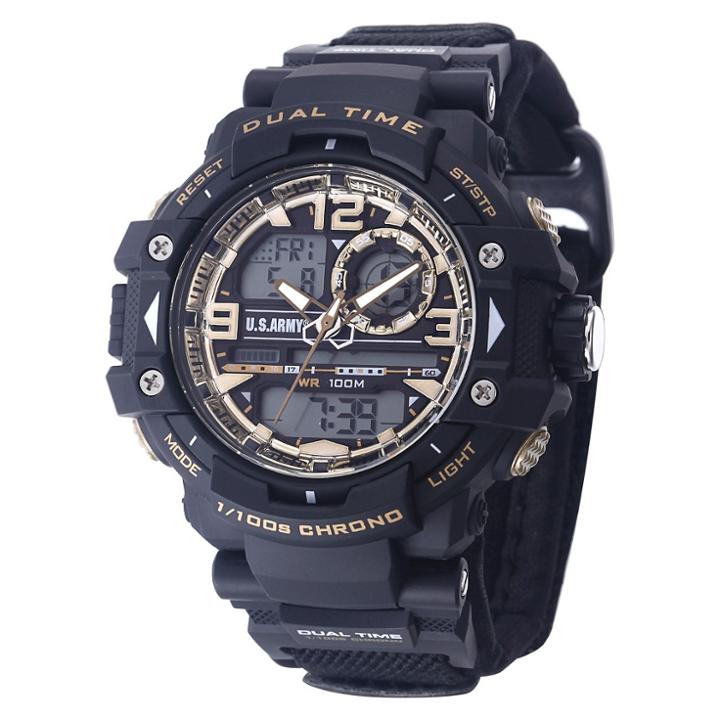 Men's U.s. Army C41 Multifunction Watch By Wrist Armor-black And Gold Dial - Black Nylon Strap,