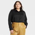Women's Plus Size Long Sleeve Satin Button-down Shirt - A New Day Black