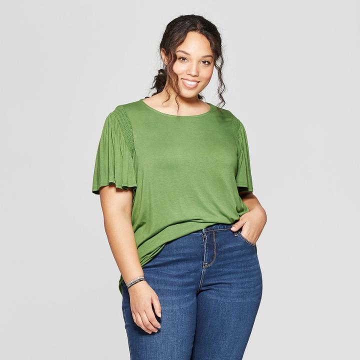 Women's Plus Size Short Sleeve Crew Neck Smocked Detail Knit T-shirt - Ava & Viv Green