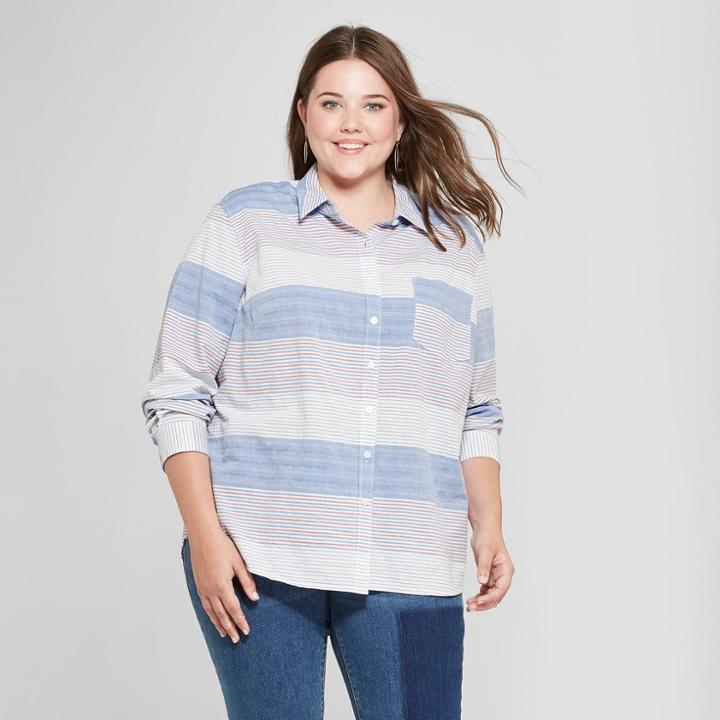 Women's Plus Size Striped Alamosa Poplin Long Sleeve Shirt - Universal Thread Blue