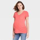 Short Sleeve V-neck Slub Pocket Maternity T-shirt - Isabel Maternity By Ingrid & Isabel Coral Pink