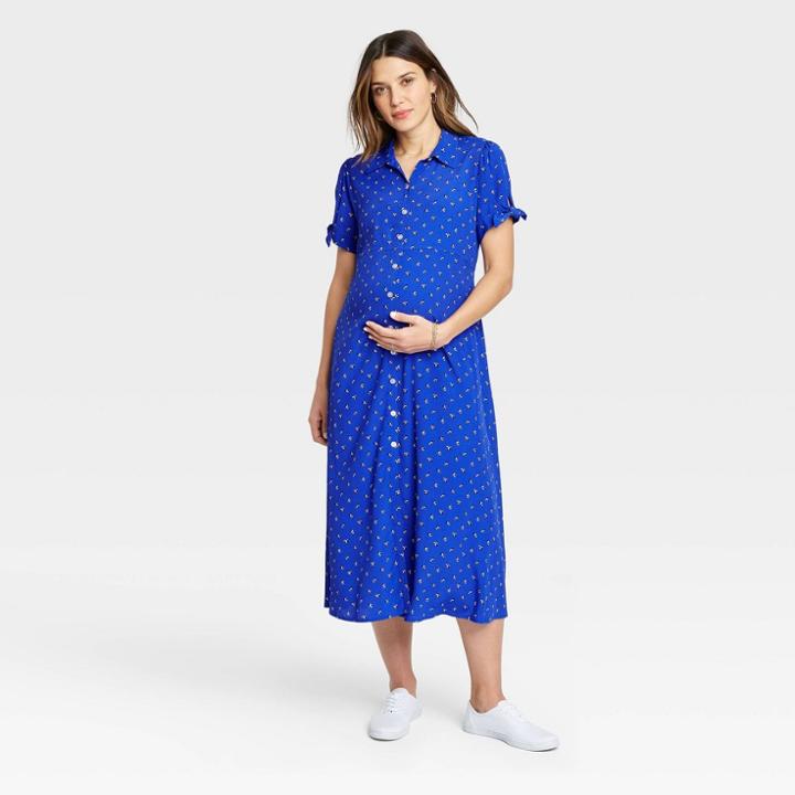 The Nines By Hatch Floral Print Tie Short Sleeve Crepe Maternity Dress Blue