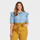 Women's Plus Size Ruffle Elbow Sleeve Button-down Shirt - Who What Wear Blue
