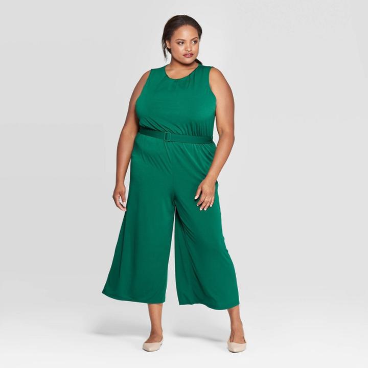 Women's Plus Size Sleeveless Crewneck Belted Knit Jumpsuit - Ava & Viv Dark Green