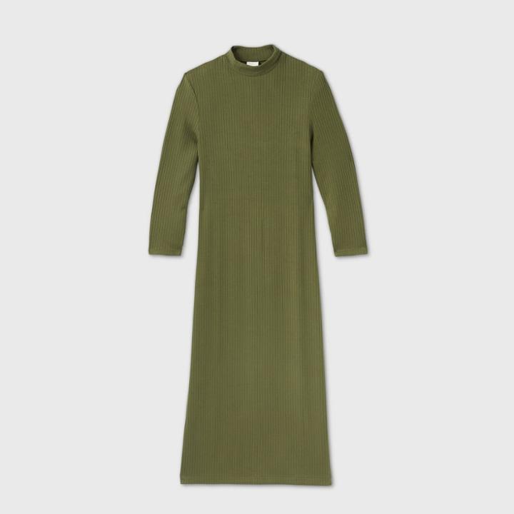 Women's Long Sleeve Rib Knit Dress - A New Day Olive