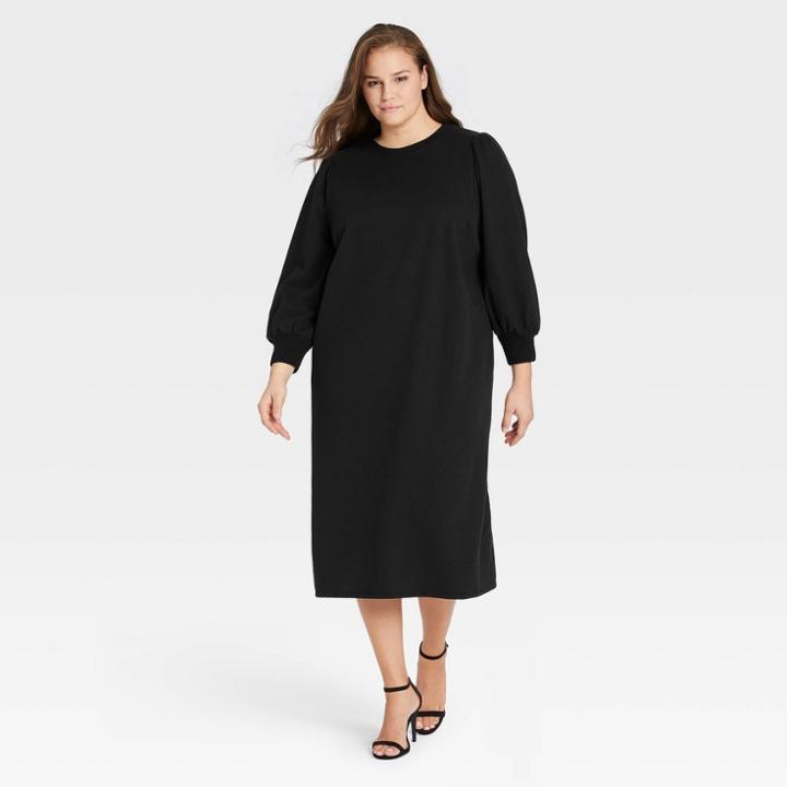 Women's Plus Size Long Sleeve High Slit Knit Dress - Who What Wear Black