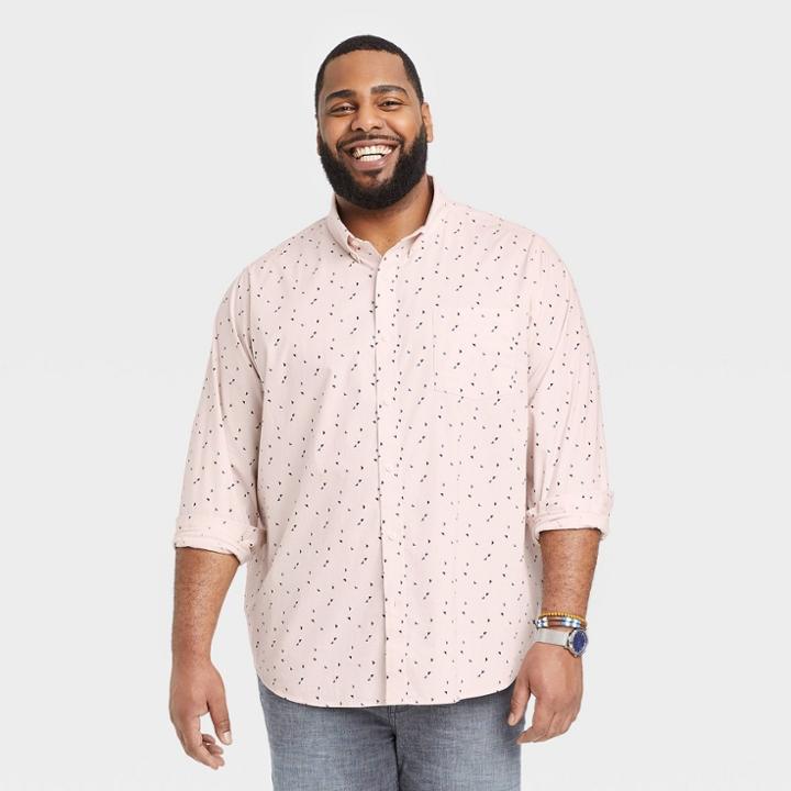 Men's Big & Tall Printed Poplin Long Sleeve Button-down Shirt - Goodfellow & Co Light Pink/shapes