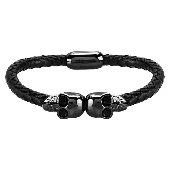 Men's Crucible Double Skull Leather Bracelet - Black (8.5),