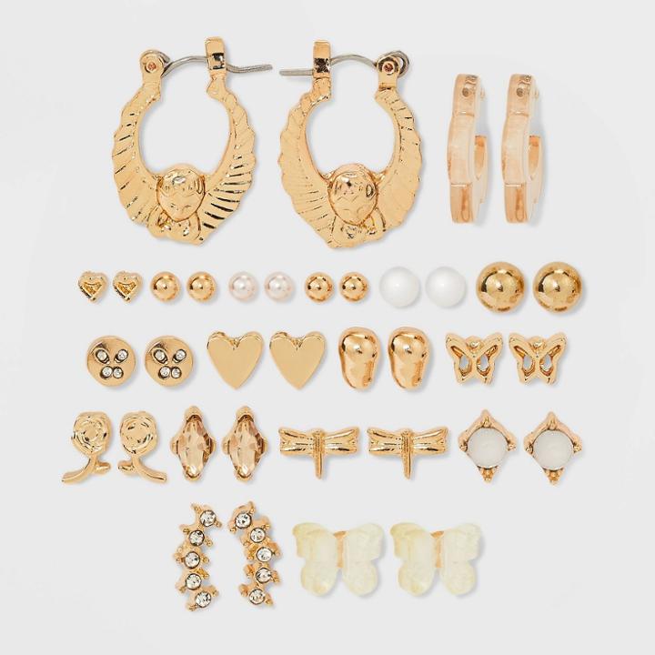 Butterfly Heart And Flower Hoop Earring Set 18ct - Wild Fable , Gold/nickel