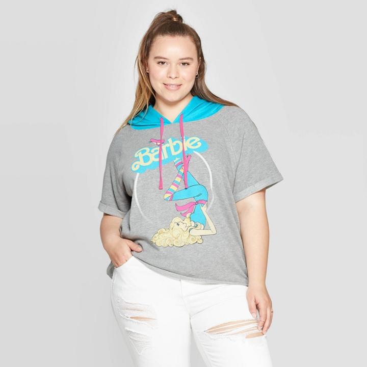 Target Women's Barbie Plus Size Short Sleeve Cropped Hoodie (juniors') - Gray/teal
