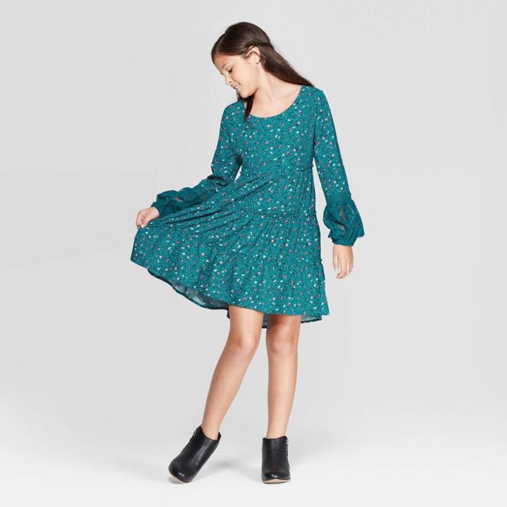 Girls' Long Bubble Sleeve Tiered Dress - Art Class Blue L, Girl's,