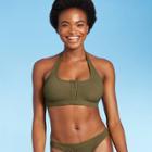 Juniors' Ribbed Button-front Halter Bikini Top - Xhilaration Olive Green D/dd Cup
