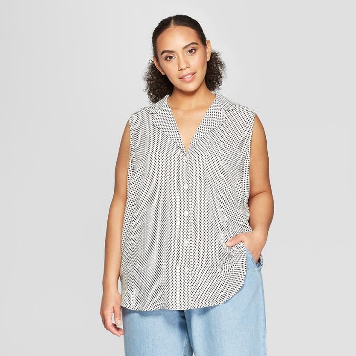 Women's Plus Size Polka Dot Sleeveless Button-up Front Pocket Top - Who What Wear White X