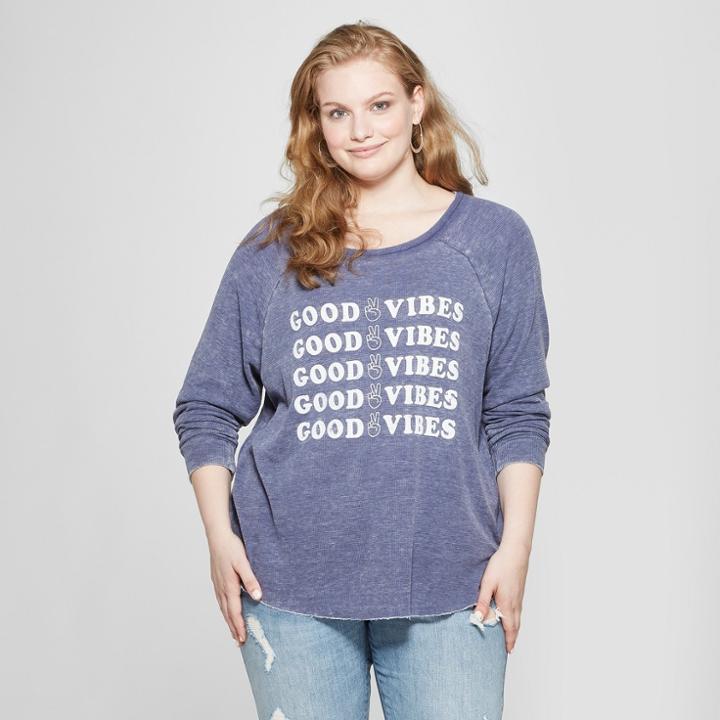 Women's Plus Size Long Sleeve Good Vibes Thermal Graphic T-shirt - Grayson Threads (juniors') Blue