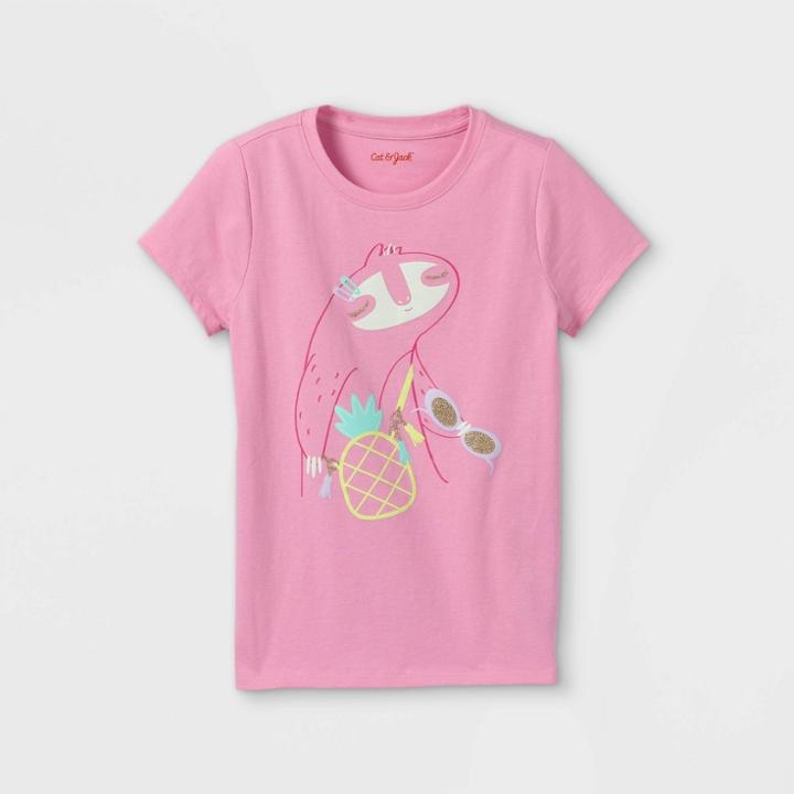 Girls' Fashionable Sloth Graphic Short Sleeve T-shirt - Cat & Jack Peony Pink