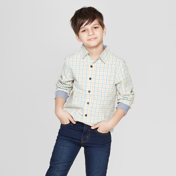 Boys' Seersucker Long Sleeve Button-down Shirt - Cat & Jack Orange