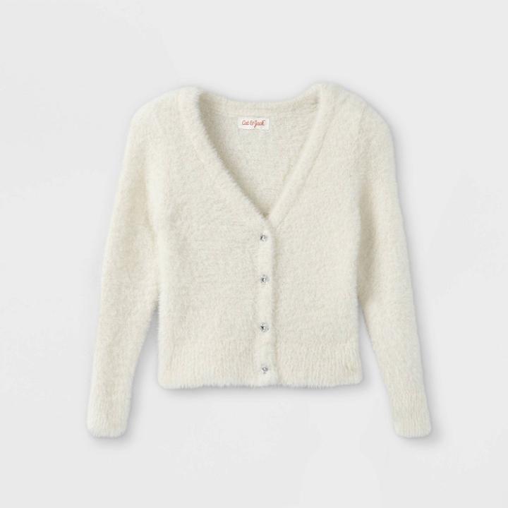 Toddler Girls' V-neck Fuzzy Sparkle Cardigan - Cat & Jack Cream