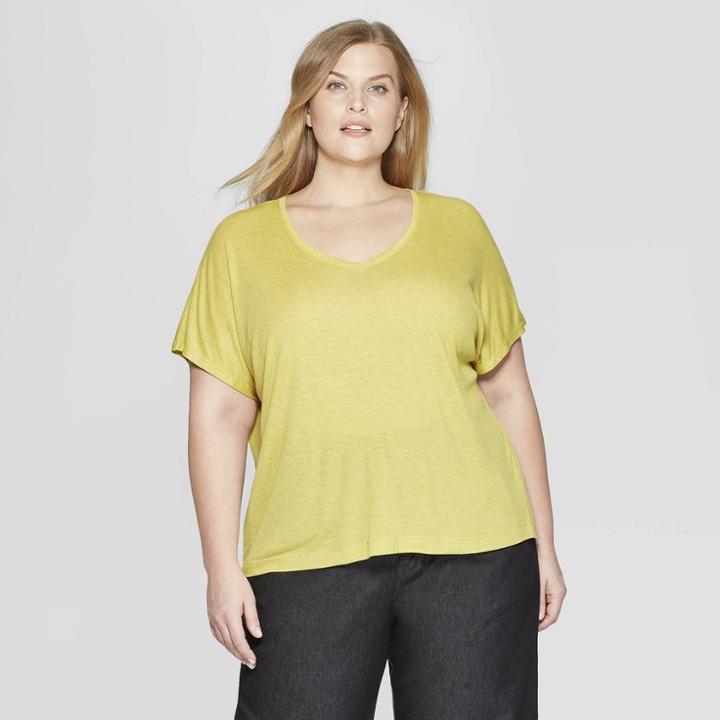 Women's Plus Size Cap Sleeve V-neck Dolman T-shirt - Prologue Yellow