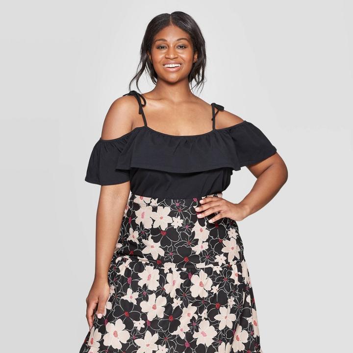 Women's Plus Size Off The Shoulder Ruffle Knit Tank Top - Who What Wear Black X