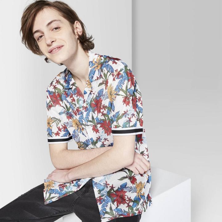 Men's Floral Print Short Sleeve Mesh Button-down Shirt - Original Use Radish