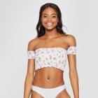 Women's Smocked Cap Sleeve Bandeau Bikini Top - Xhilaration White Floral D/dd Cup