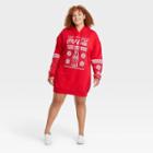Women's Coca-cola Plus Size Holiday Long Sleeve Hooded Graphic Sweatshirt Dress - Red