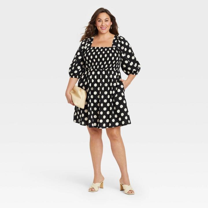 Women's Plus Size Puff Elbow Sleeve Smocked Dress - Ava & Viv Black Polka Dot