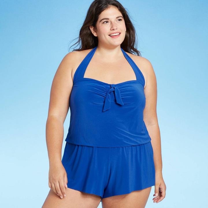 Women's Plus Size High Neck Swim Romper With Pockets - Aqua Green Blue