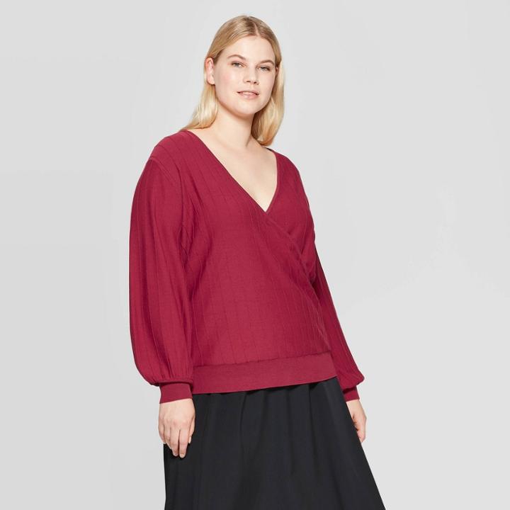 Women's Plus Size Long Sleeve V-neck Wrap Pullover Sweater - Prologue Red