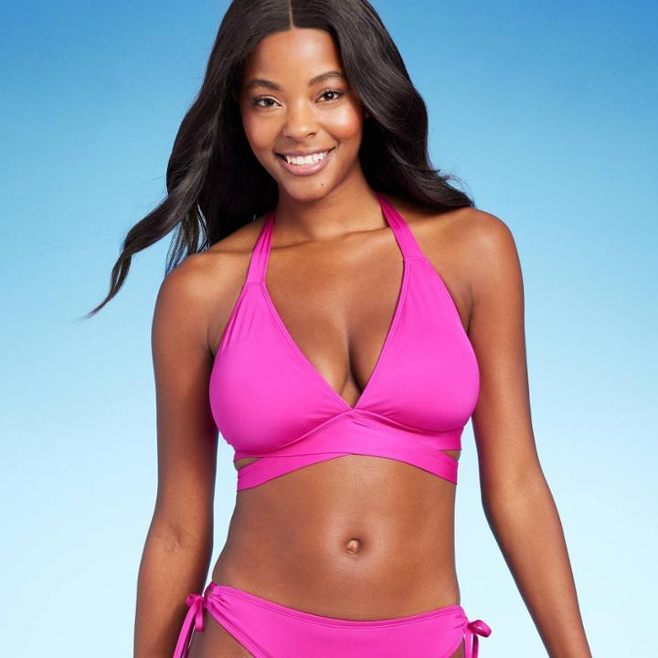 Women's Faux Wrap Halter Bikini Top - Kona Sol Pink D/dd Cup