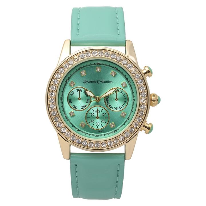 Women's Journee Collection Rhinestone Accented Round Face Patent Leather Strap Watch -