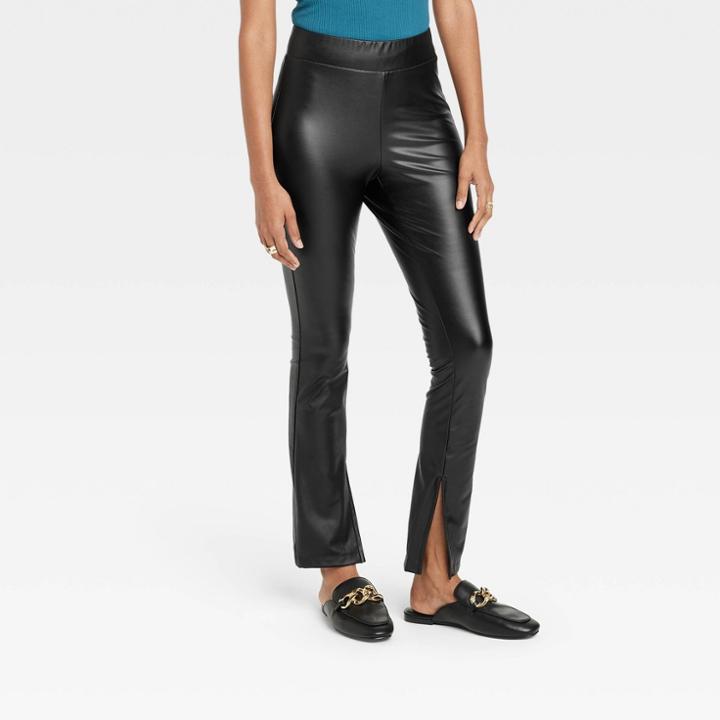 Women's High-waisted Split Hem Faux Leather Leggings - A New Day Black