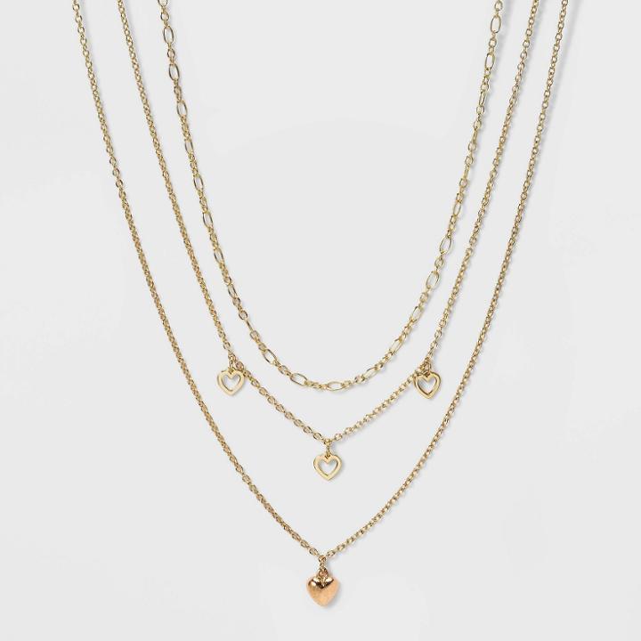 Heart Charm And Simulated Pearl Layer Necklace Set 3pc - Wild Fable Gold