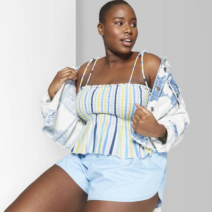 Women's Plus Size Striped Smocked Tank Top - Wild Fable Turquoise/lemon Yellow