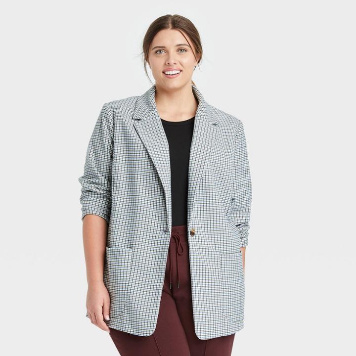 Women's Plus Size Plaid Blazer - A New Day Blue