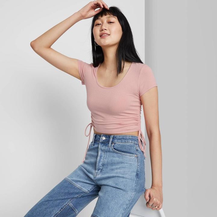 Women's Short Sleeve Scoop Neck Side Cinched Baby T-shirt - Wild Fable Blush Pink