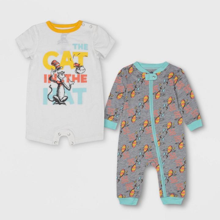Petitebaby Dr. Seuss 2pc Long Sleeve And Short Sleeve Bodysuit Set - Gray/white 3-6m, Kids Unisex,