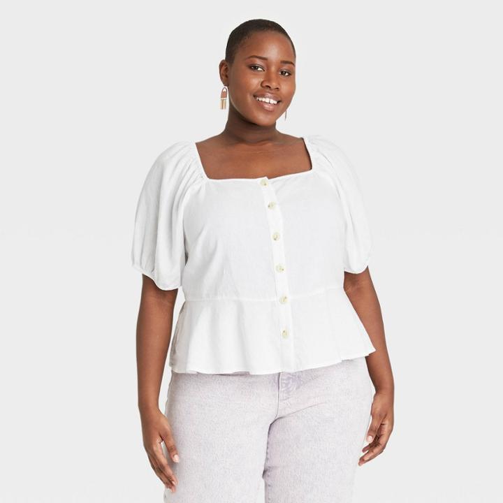 Women's Plus Size Puff Short Sleeve Peplum Blouse - Universal Thread White