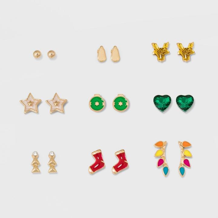 Target Ball, Tree, Heart, Star Button And Pave Deer Horn Clawer Earring Set 9ct,