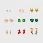 Target Ball, Tree, Heart, Star Button And Pave Deer Horn Clawer Earring Set 9ct,
