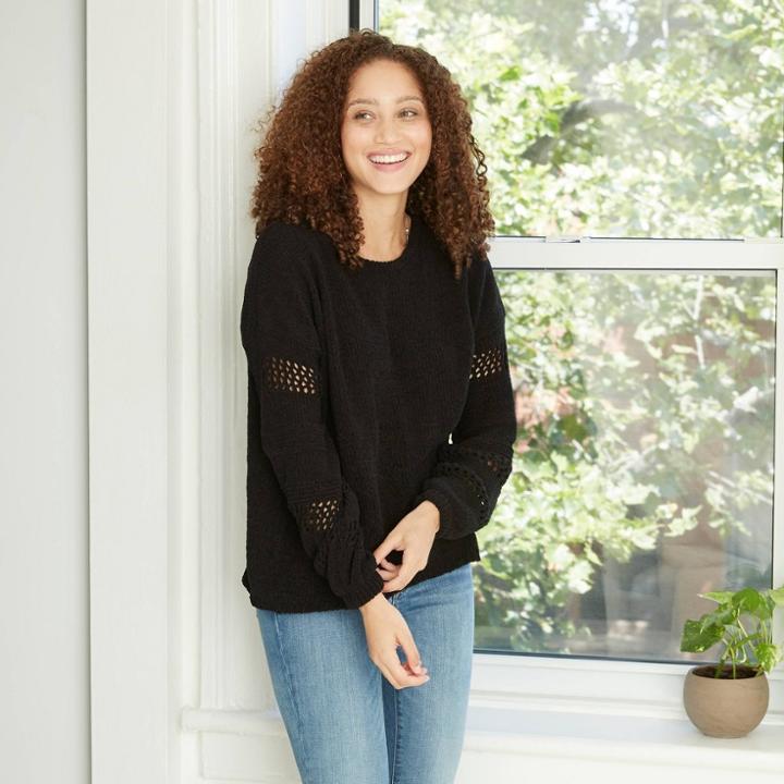 Women's Crewneck Chenille Pullover Sweater With Pointelle Sleeves - Knox Rose Black
