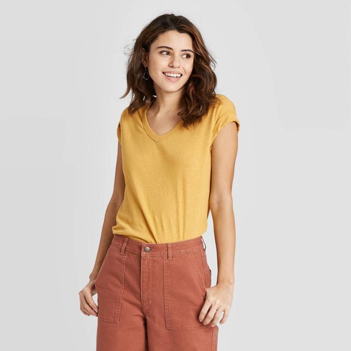 Women's Relaxed Fit Short Sleeve V-neck T-shirt - Universal Thread Gold S, Women's,